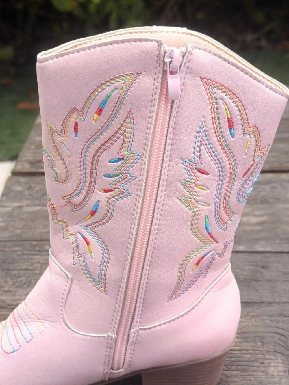 Kids Western Cowgirl Boots Girls Cowboy Boots Round Toe Pink Rainbow Stitch sz 1